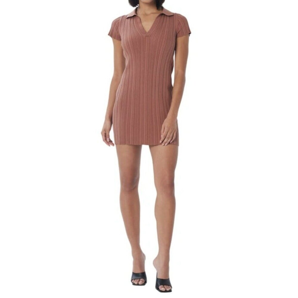Ribbed V-Neck Mini Dress in Dusty Rose